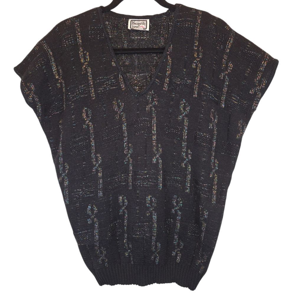 VTG 90s Womens 1X Black‎ Sparkly Sweater Keneth Too! Crop Sleeve V Neck Metallic